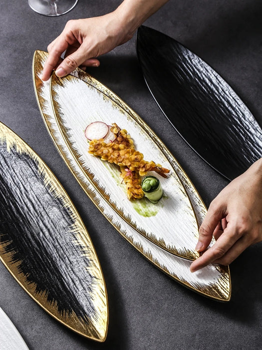 Elegant Japanese Ceramic Leaf Plate with Quicksand Texture and Gold Rim