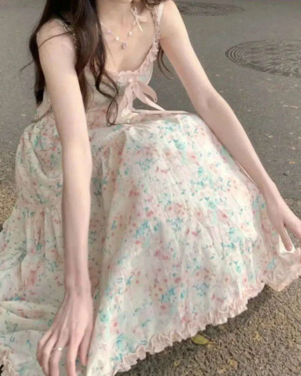 Floral Midi Dress with Adorable Bow - Trendy Korean Style Casual Evening Outfit for Women