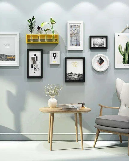 9-Piece Premium Wooden Gallery Set with Vase Shelf - Contemporary Wall Art Kit