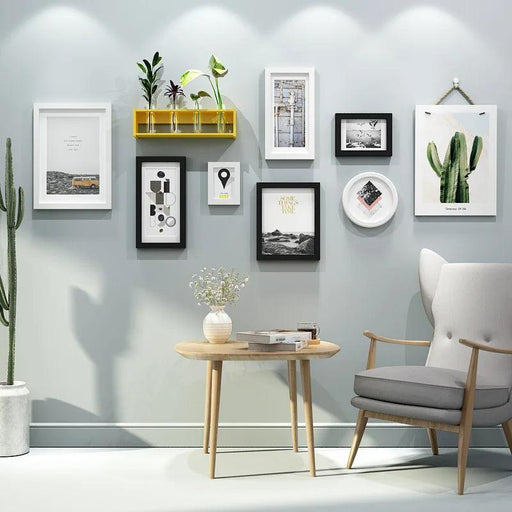 9-Piece Premium Wooden Gallery Set with Vase Shelf - Contemporary Wall Art Kit