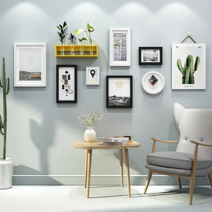 9-Piece Wooden Frame Collection with Vase Shelf - Contemporary Wall Decor