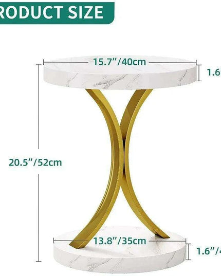 Chic Gold and White Faux Marble Side Table with Modern C-Frame Design
