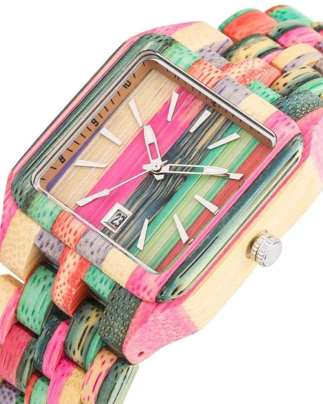Eco-Conscious Style: Men's Artisan Wooden Quartz Watch with Vibrant Multicolor Band