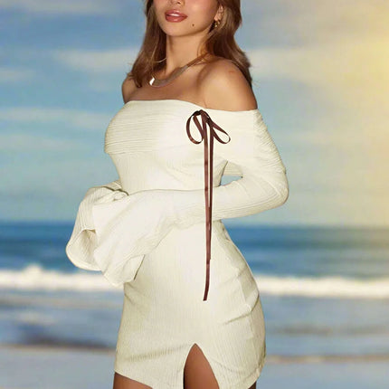 Seductive Off-Shoulder Ribbed Bodycon Mini Dress with Elegant Flare Sleeves and Chic Backless Design