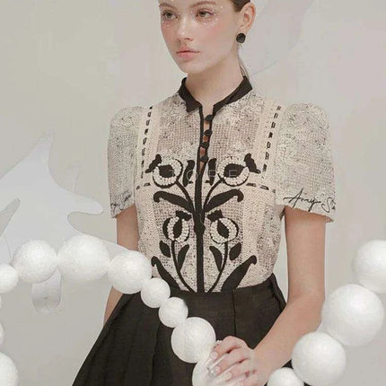 Floral Embroidery Lace Top and Pleated Skirt Set