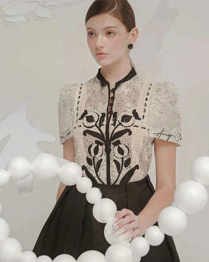 Floral Embroidery Lace Top and Pleated Skirt Set