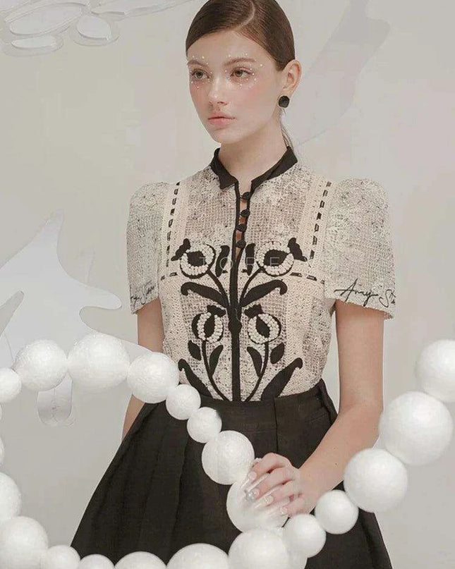 Floral Embroidery Lace Top and Pleated Skirt Set