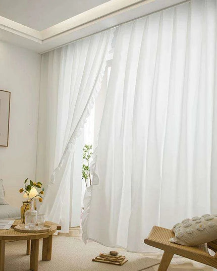 Elegant White Ruffled Lace Sheer Curtains - Sophisticated Semi-Blackout Drapes for Living Room & Bedroom