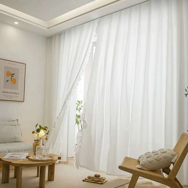 Elegant White Ruffled Lace Sheer Curtains - Sophisticated Semi-Blackout Drapes for Living Room & Bedroom