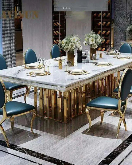 Exquisite Italian-Inspired White Marble Dining Set with Sleek Stainless Steel Chairs - Limited Edition