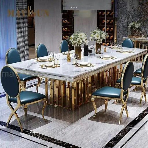 Exquisite Italian-Inspired White Marble Dining Set with Sleek Stainless Steel Chairs - Limited Edition