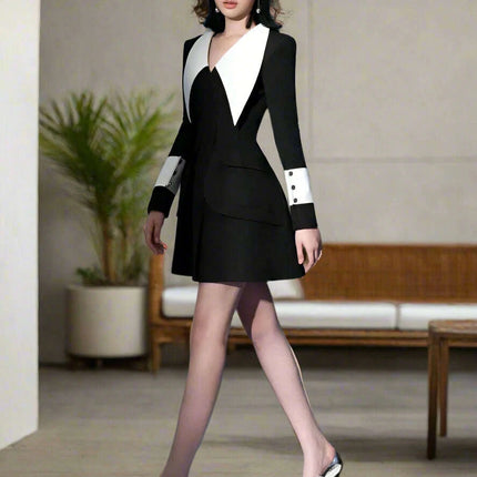 A-Line Summer Office Dress with Stylish Lapels and Functional Pockets