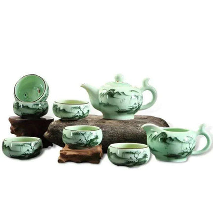 Lotus Landscape Longquan Celadon Kung Fu Tea Set - Exquisite 9-Piece Gift Collection for Tea Enthusiasts