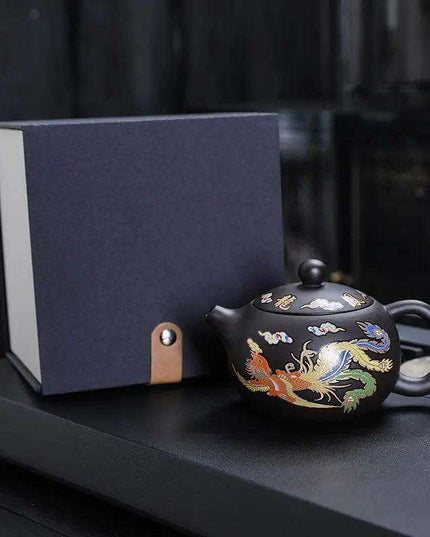 Mystical Heat-Responsive Purple Clay Teapot with Dragon and Phoenix Motif