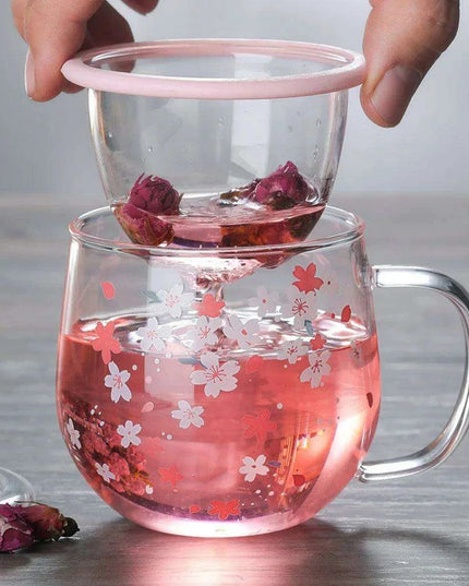Sakura Blossom 300ml Heat-Resistant Glass Tea Mug Set with Infuser and Lid
