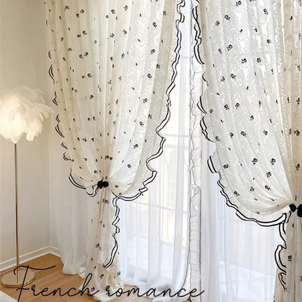 Black Lace Rose Embroidered Window Curtain – Semi-Sheer