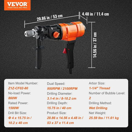 TideRise Diamond Core Drilling Machine - 4" Handheld Wet Drill Rig