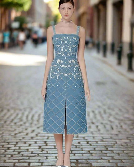 Chic Embroidered Denim Evening Gown with Diamond Detailing - Summer 2024 Edition