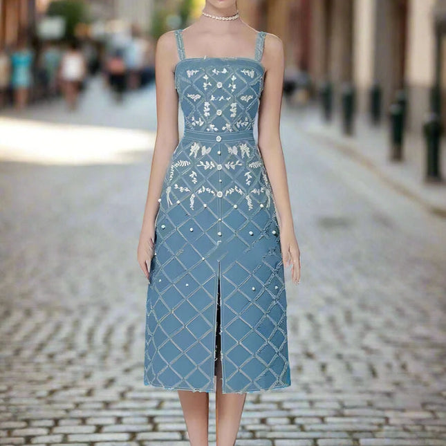 Chic Embroidered Denim Evening Gown with Diamond Detailing - Summer 2024 Edition