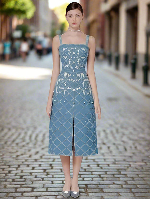 Chic Embroidered Denim Evening Gown with Diamond Detailing - Summer 2024 Edition