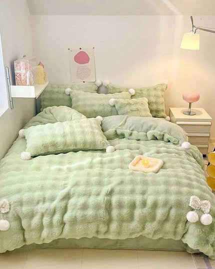 Plush Faux Rabbit Fur Bedding Ensemble with Charming Ball Accents - Duvet Cover, Sheets, and Pillowcases