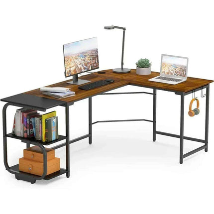 Teak Finish Corner L Desk with Adjustable Shelves for Home Office and Living Space