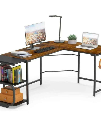 Teak Finish Corner L Desk with Adjustable Shelves for Home Office and Living Space