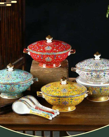 Authentic Elegant Under-glazed Ceramic Soup Pot with Lid and Spoon - Large Round Design with Gold Accents for Chinese Dining and Decor