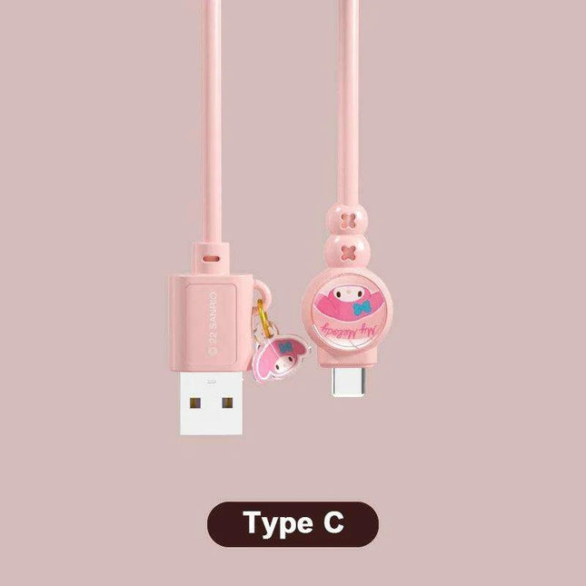 Sanrio Hello Kitty Kuromi Type C Fast Charging Cable - Cinnamoroll Design for iPhone, Huawei, Xiaomi - 100mm Length - TPE + PVC Material - Perfect Gift Boxed