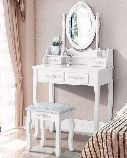 Chic White Vanity Set with Adjustable Mirror and Ample Storage Drawers