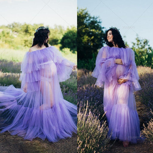 Elegant Tulle Maternity Gown with Puffy Sleeves and Ruffled Skirt