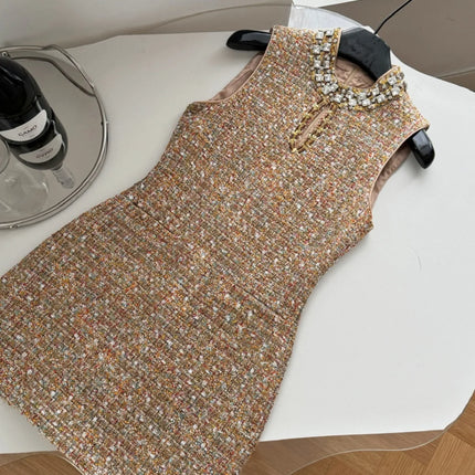 Diamond Embellished Tweed A-Line Dress — Women's High-Waist Occasion Dress | Très Elite