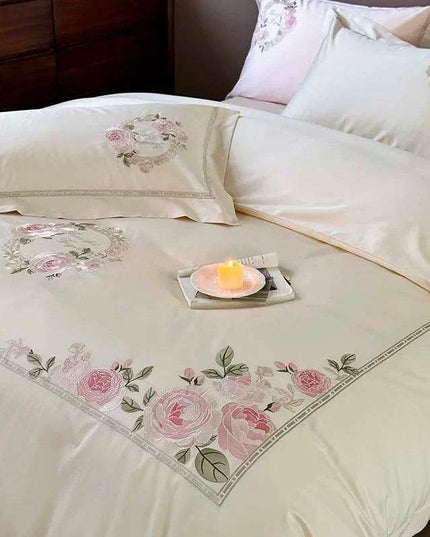Luxurious 1000TC Egyptian Cotton Floral Embroidered Bedding Set - Cream, Pink, and Green Duvet Cover, Sheet, and Pillowcases