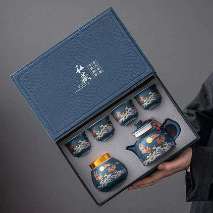 Elegant Chinese Kung Fu Tea Ceremony Set with Teapot and Four Cups in Luxurious Gift Box