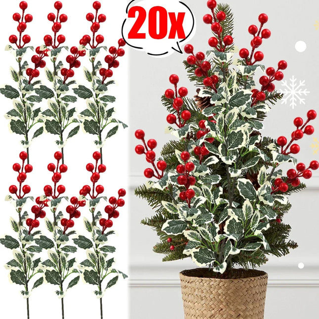 Artificial Red Berry & Cream-Edged Holly Branches, 45 cm
