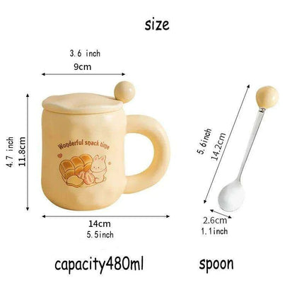 Whimsical Korean Cartoon Ceramic Mug Set with Lid and Spoon - Playful Drinkware Delight