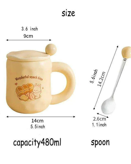 Whimsical Korean Cartoon Ceramic Mug Set with Lid and Spoon - Playful Drinkware Delight