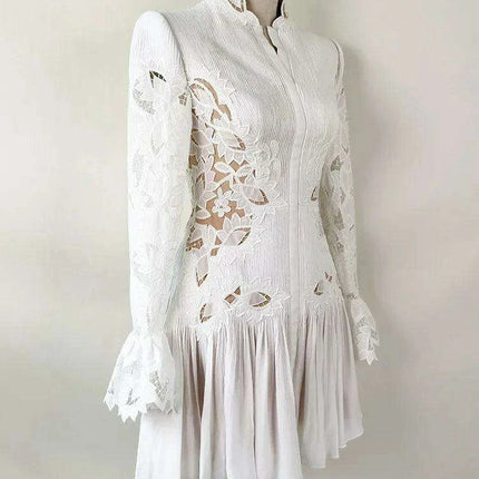 Embroidered Lace Evening Dress with Pleated Flare Sleeves for Women