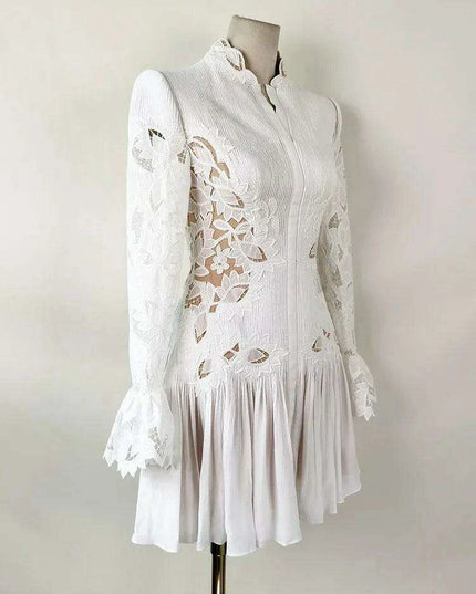 Embroidered Lace Evening Dress with Pleated Flare Sleeves for Women