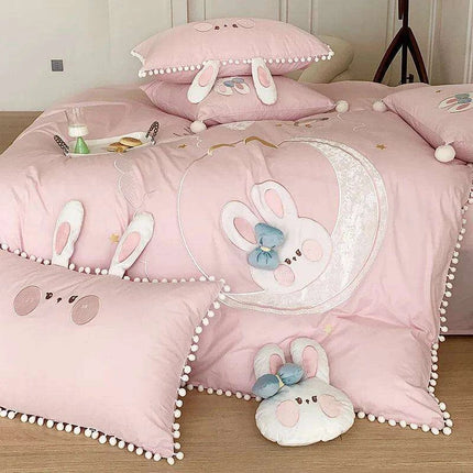 Charming Pink Cartoon Rabbit & Moon Embroidered 100% Cotton Girls Bedding Set with Whimsical Ball Edges - Duvet Cover, Sheet & Pillowcases