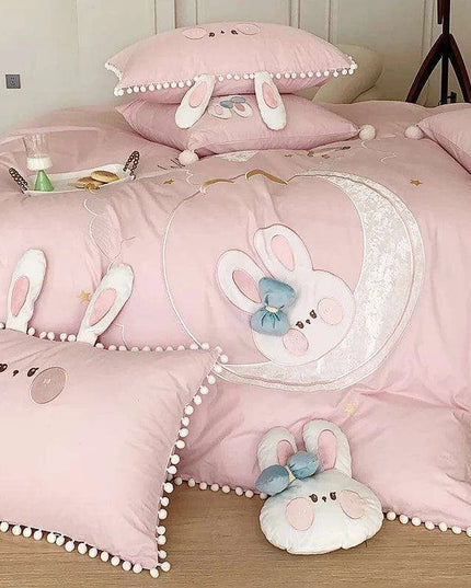 Charming Pink Cartoon Rabbit & Moon Embroidered 100% Cotton Girls Bedding Set with Whimsical Ball Edges - Duvet Cover, Sheet & Pillowcases