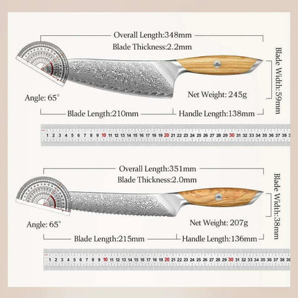 Luxury 73-Layer Damascus Steel Chef's Knife Set with Olive Wood Handles - Ideal for Gifting