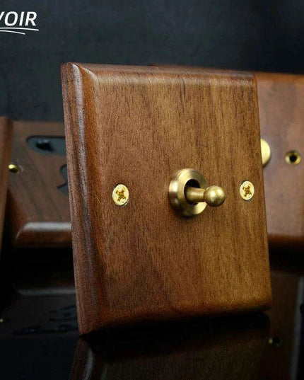 Sleek Black Walnut Electrical Panel with USB Ports, Adjustable LED Ambiance, and Contemporary Toggle Features