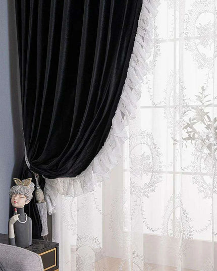 Luxurious French-Style Black Velvet Lace Blackout Drapes with Romantic Ruffles for Stylish Interiors