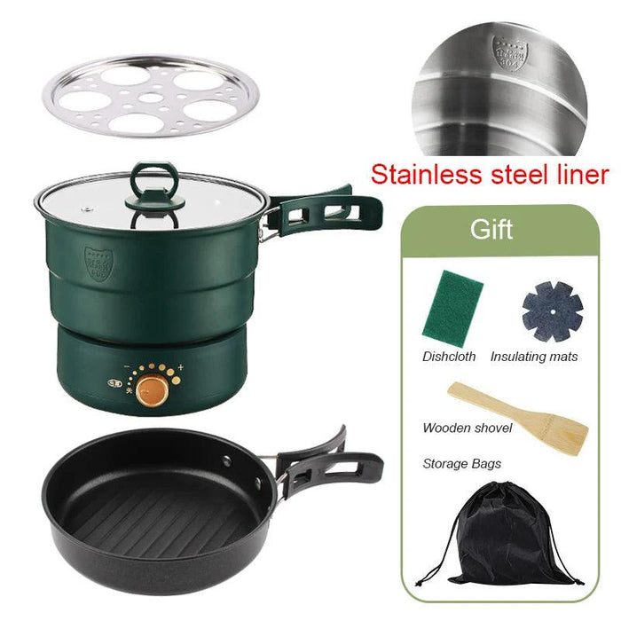 Compact Travel Multicooker: Foldable 110V/220V Cooking System for Frying, Steaming, and More
