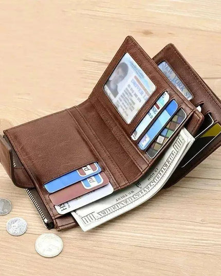 Men's RFID-Blocking PU Leather Zipper Wallet with Organized Compartments