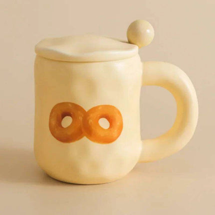 Whimsical Korean Cartoon Ceramic Mug Set with Lid and Spoon - Playful Drinkware Delight