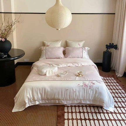 Luxurious Chinese Floral Embroidered Lyocell Cotton Silky Soft Bedding Ensemble with Duvet Cover, Flat/Fitted Sheets & Pillowcases