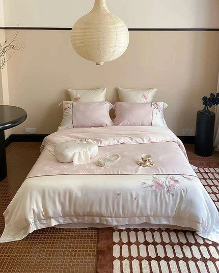 Luxurious Chinese Floral Embroidered Lyocell Cotton Silky Soft Bedding Ensemble with Duvet Cover, Flat/Fitted Sheets & Pillowcases
