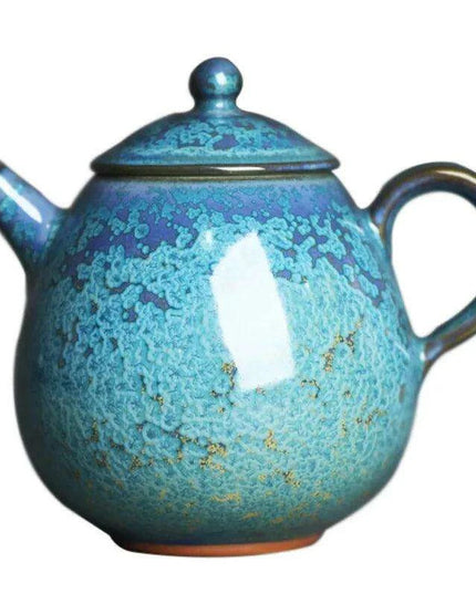 Floating Blue Jade Dragon Teapot with Crystal Handle and Gold Accents - Luxury Yuzhou Junyao Tea Set